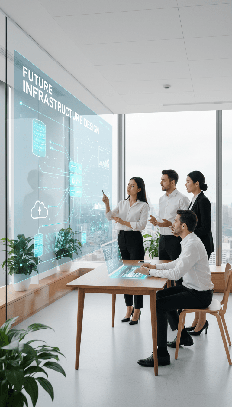 Business team discussing IT consulting solutions in modern office